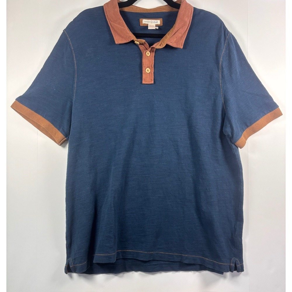Carbon2Cobalt Men's L‎ Navy Blue Polo Shirt Contrast Collar Cuffs 100% Cotton